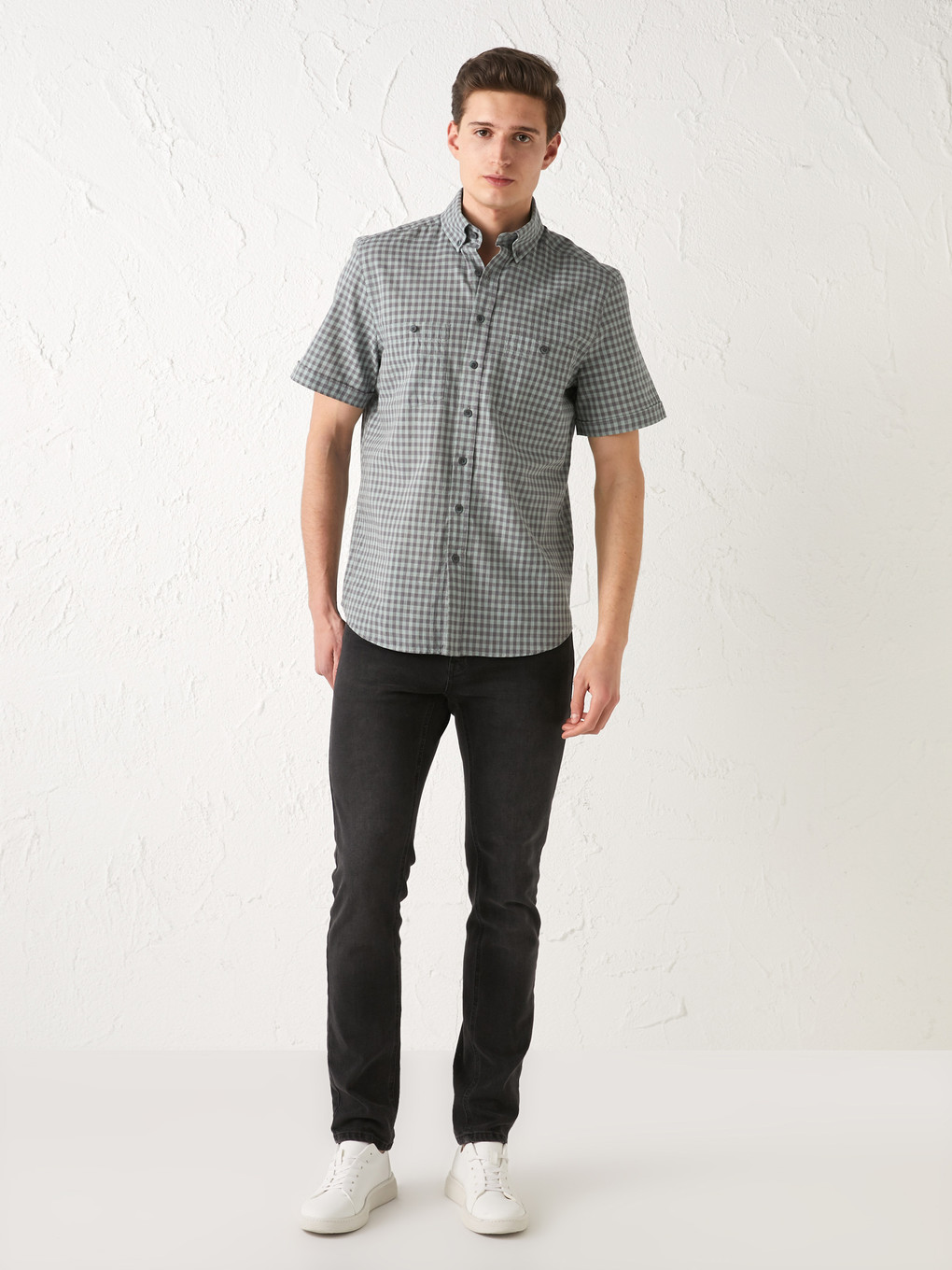 Yeşil Regular Fit Kısa Kollu Ekose Poplin Erkek Gömlek-3
