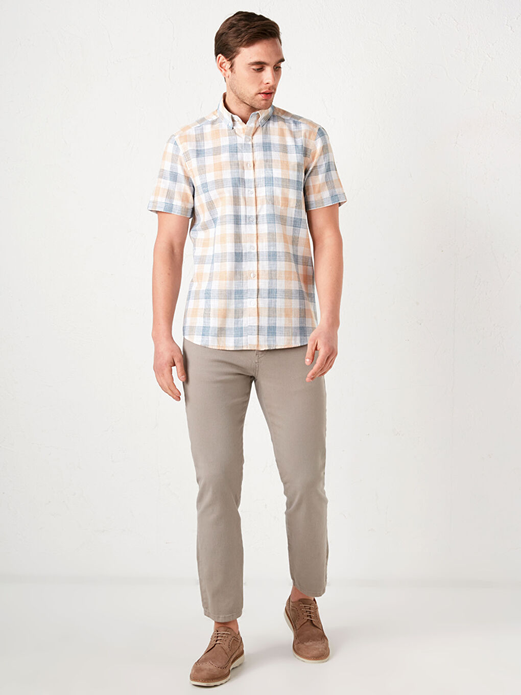 Regular Fit Short Sleeve Plaid Poplin Men's Shirt-2