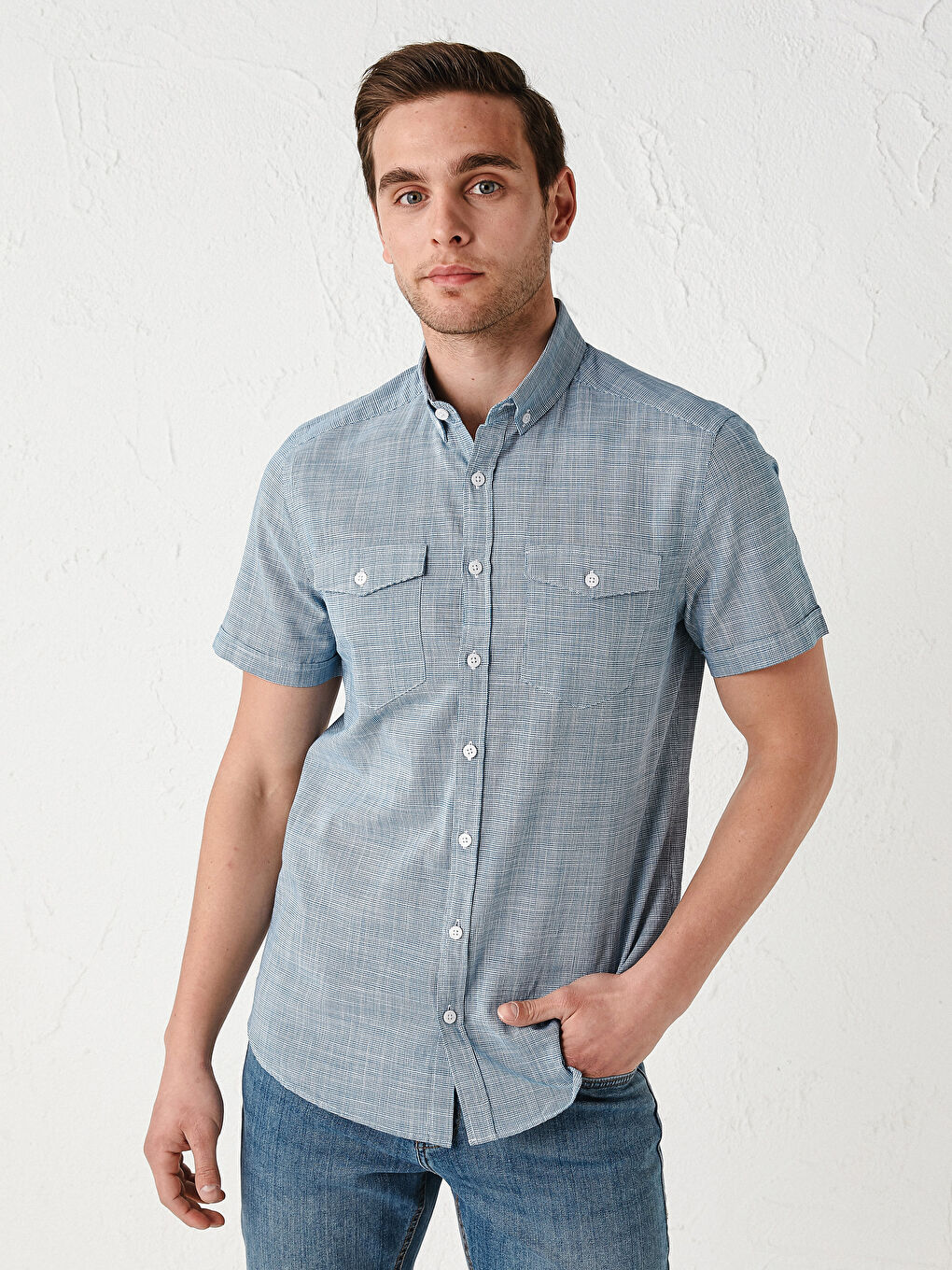 Petrol Slim Fit Kısa Kollu Desenli Poplin Erkek Gömlek-1