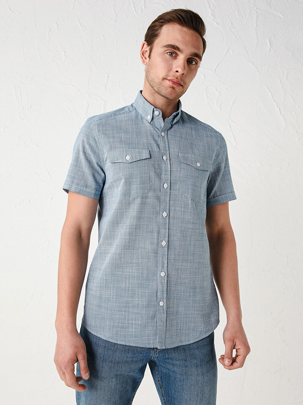 Petrol Slim Fit Kısa Kollu Desenli Poplin Erkek Gömlek-2