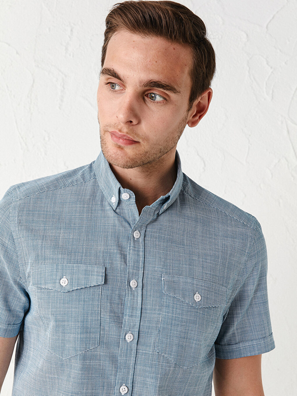 Petrol Slim Fit Kısa Kollu Desenli Poplin Erkek Gömlek-3