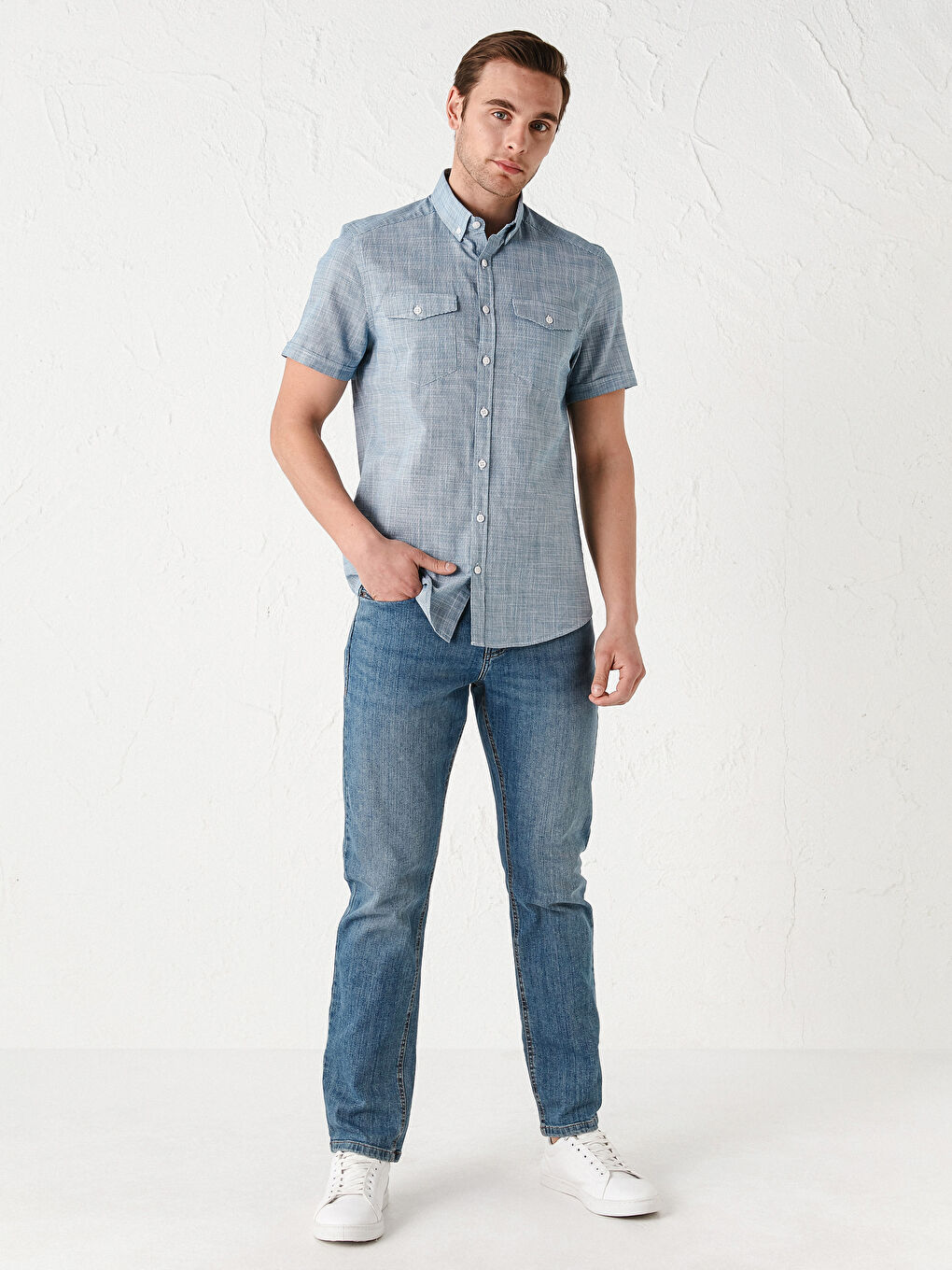 Petrol Slim Fit Kısa Kollu Desenli Poplin Erkek Gömlek-4