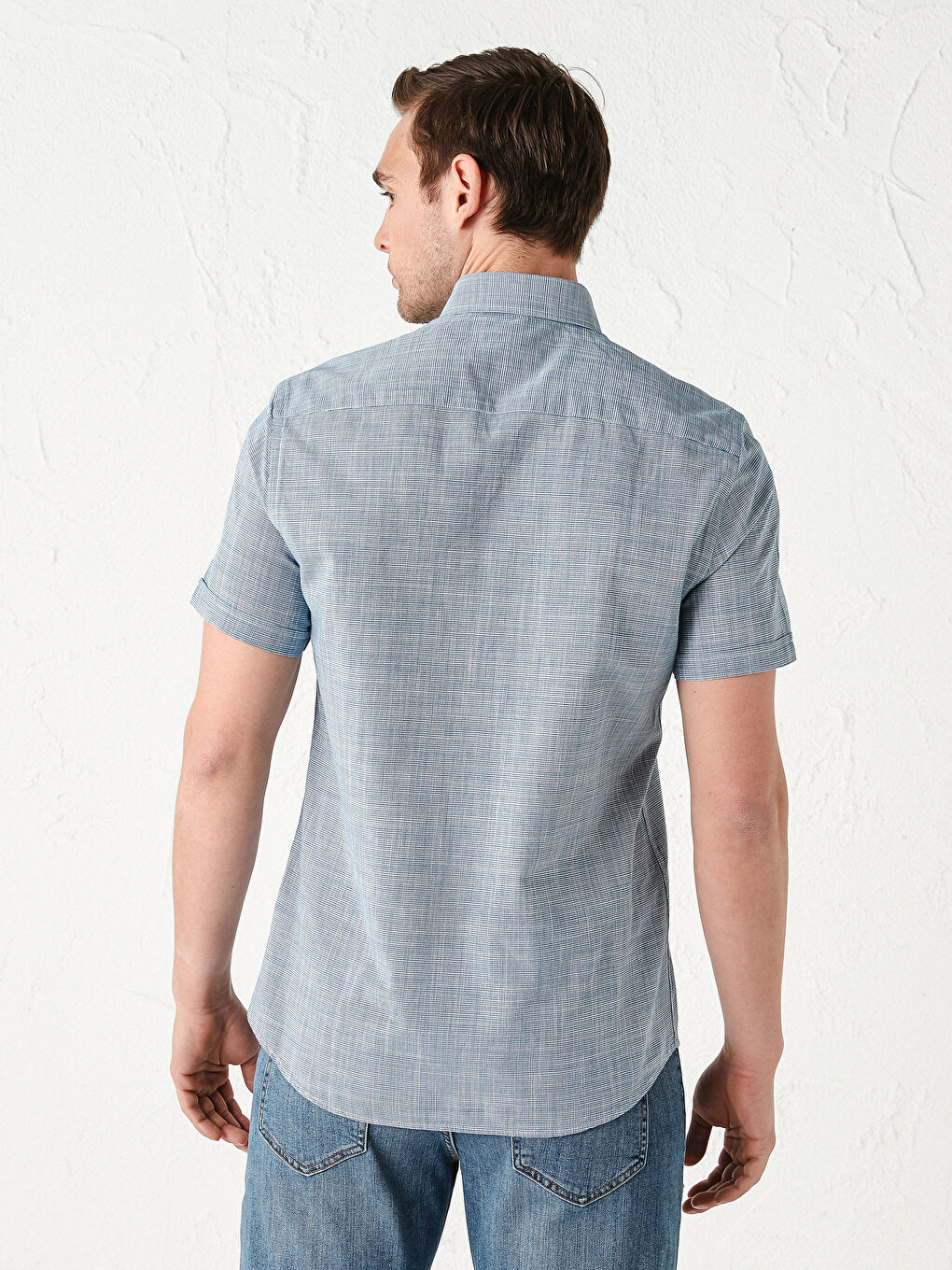 Petrol Slim Fit Kısa Kollu Desenli Poplin Erkek Gömlek-5