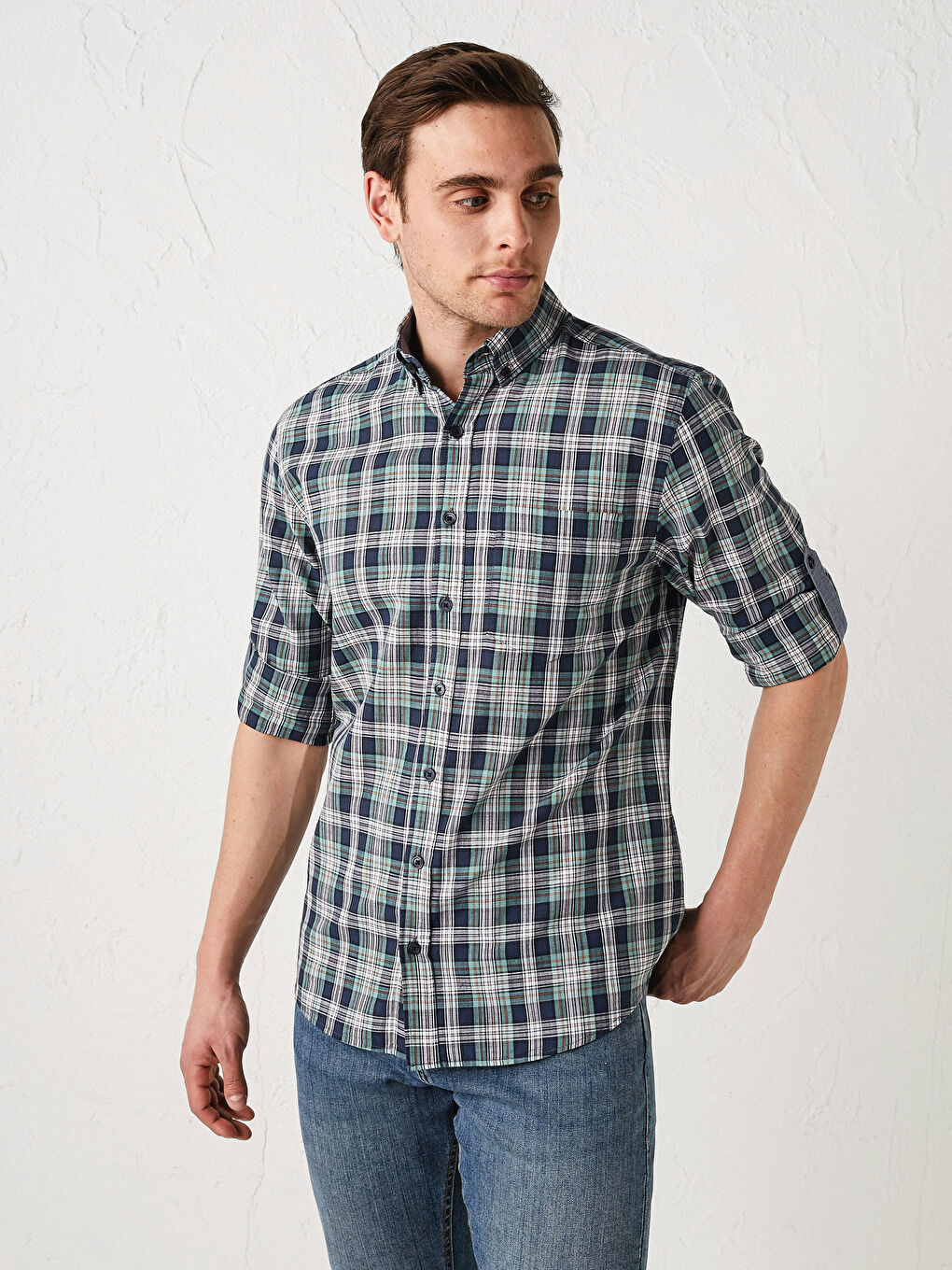 Regular Fit Long Sleeve Plaid Poplin Men's Shirt