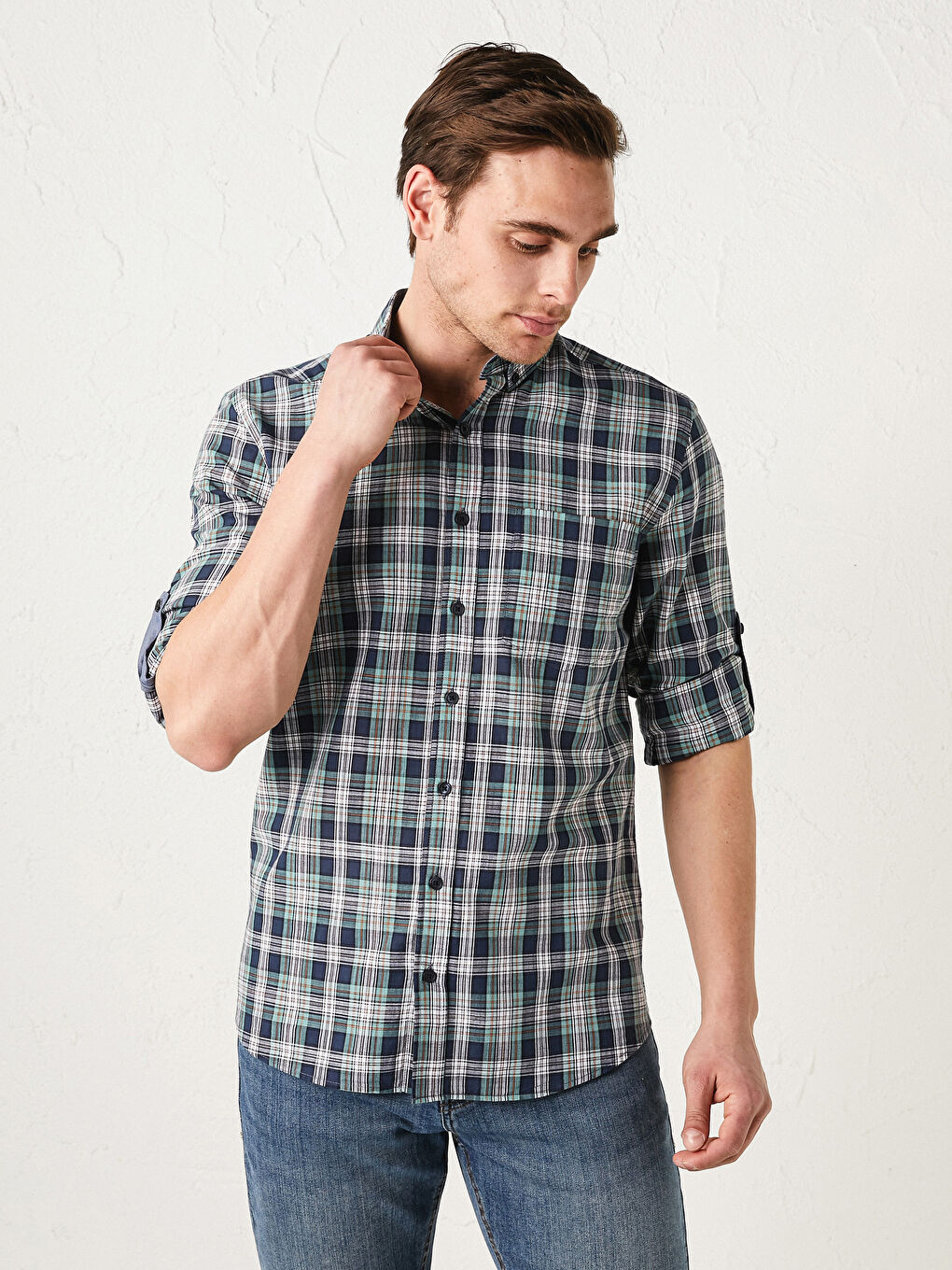 Regular Fit Long Sleeve Plaid Poplin Men's Shirt-1