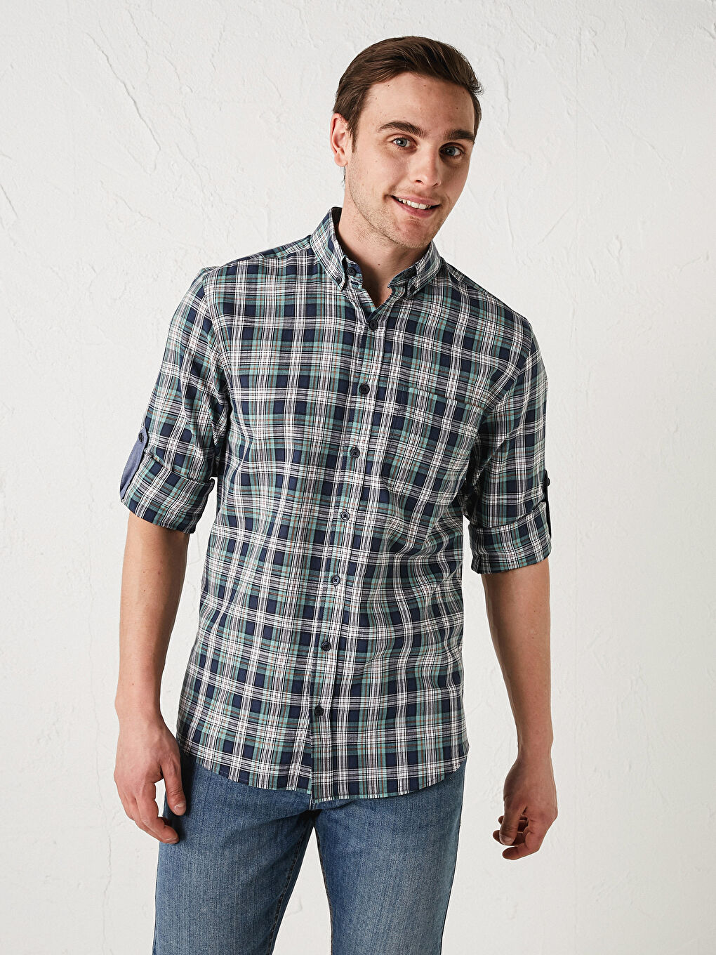 Regular Fit Long Sleeve Plaid Poplin Men's Shirt-2