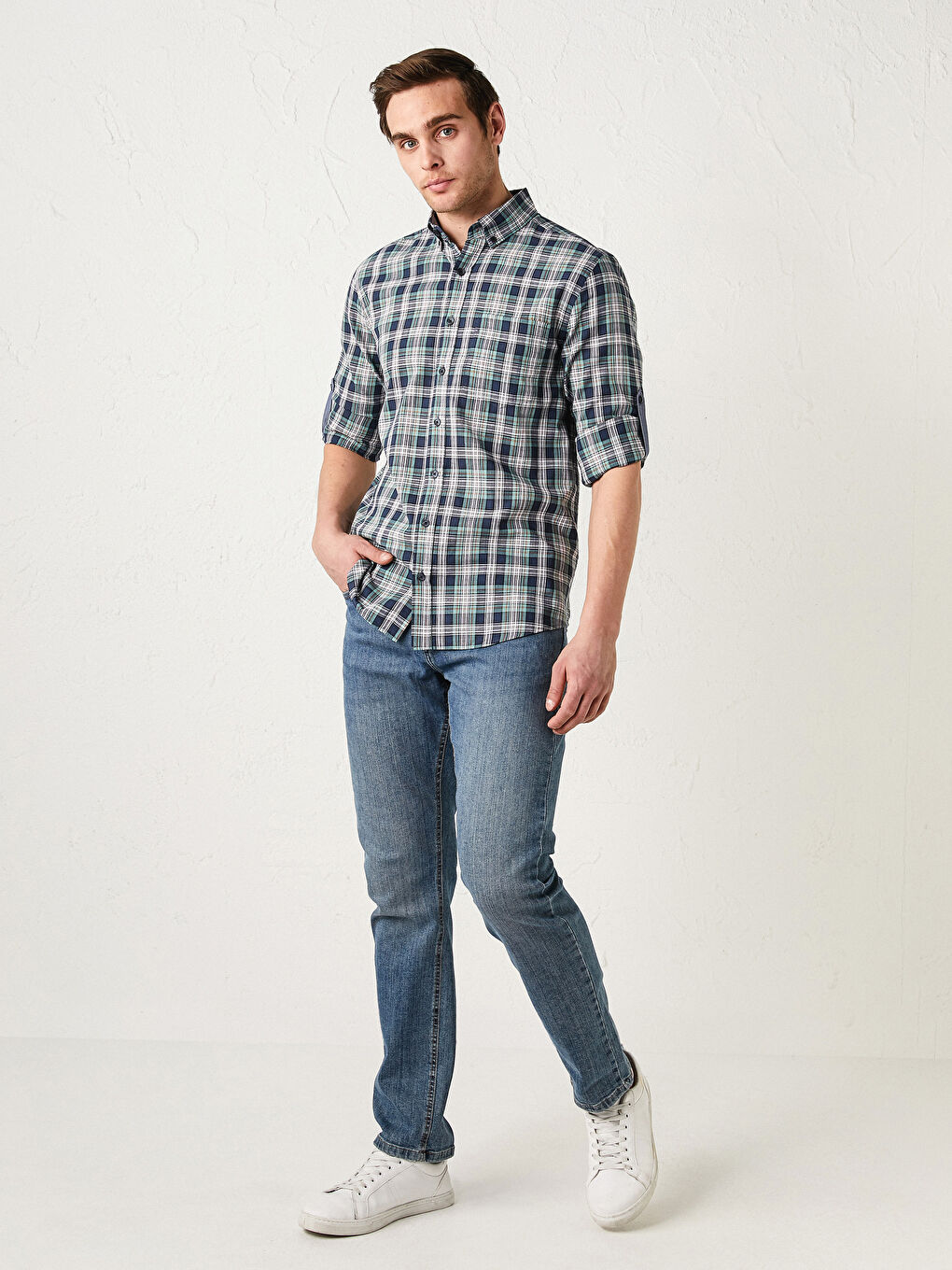 Regular Fit Long Sleeve Plaid Poplin Men's Shirt-4