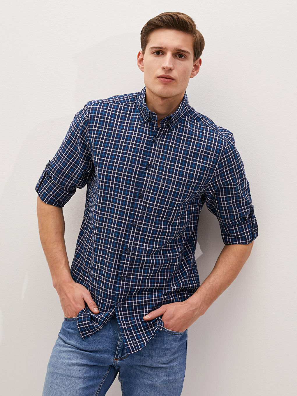 Lacivert Regular Fit Uzun Kollu Ekose Poplin Erkek Gömlek-1