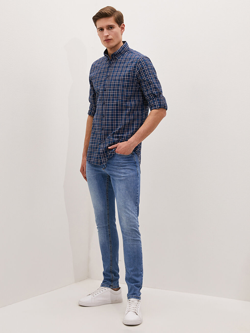 Lacivert Regular Fit Uzun Kollu Ekose Poplin Erkek Gömlek-2