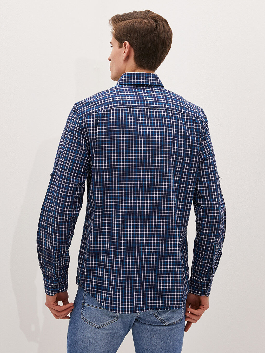 Lacivert Regular Fit Uzun Kollu Ekose Poplin Erkek Gömlek-4