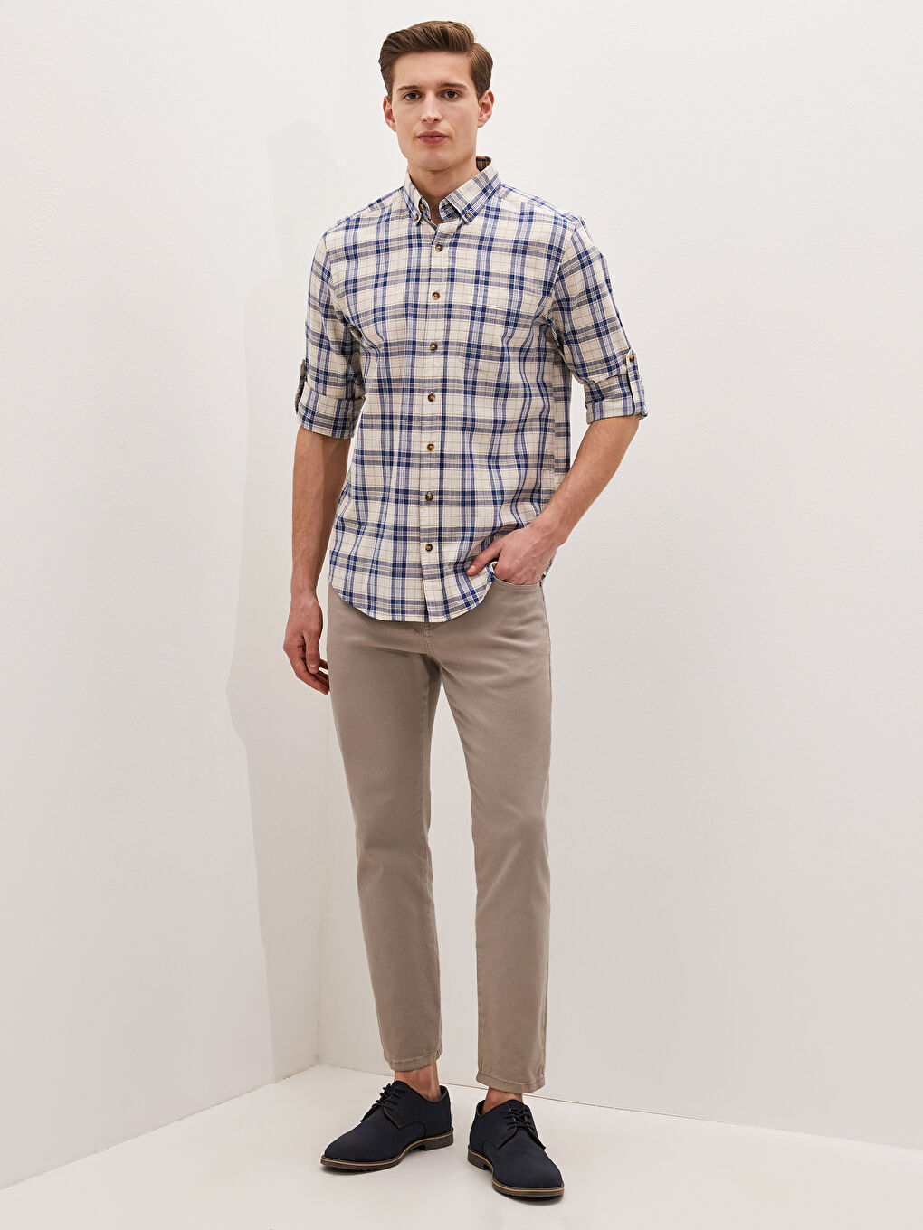 Regular Fit Long Sleeve Plaid Poplin Men's Shirt-2