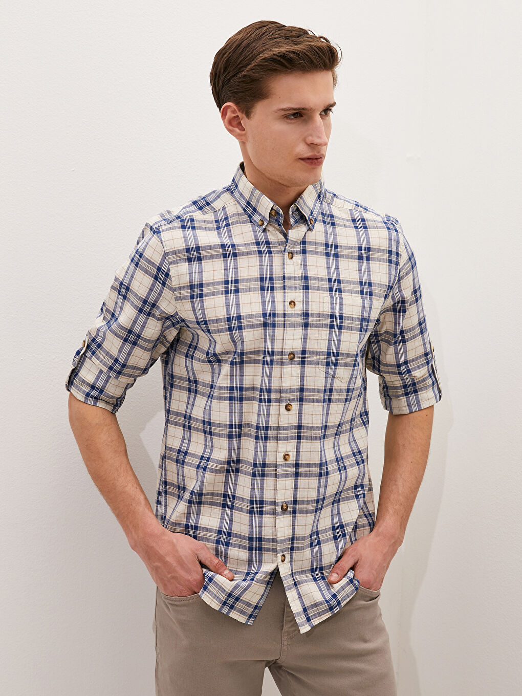 Regular Fit Long Sleeve Plaid Poplin Men's Shirt-4