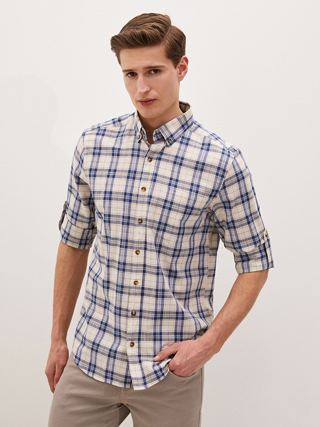 Regular Fit Long Sleeve Plaid Poplin Men's Shirt