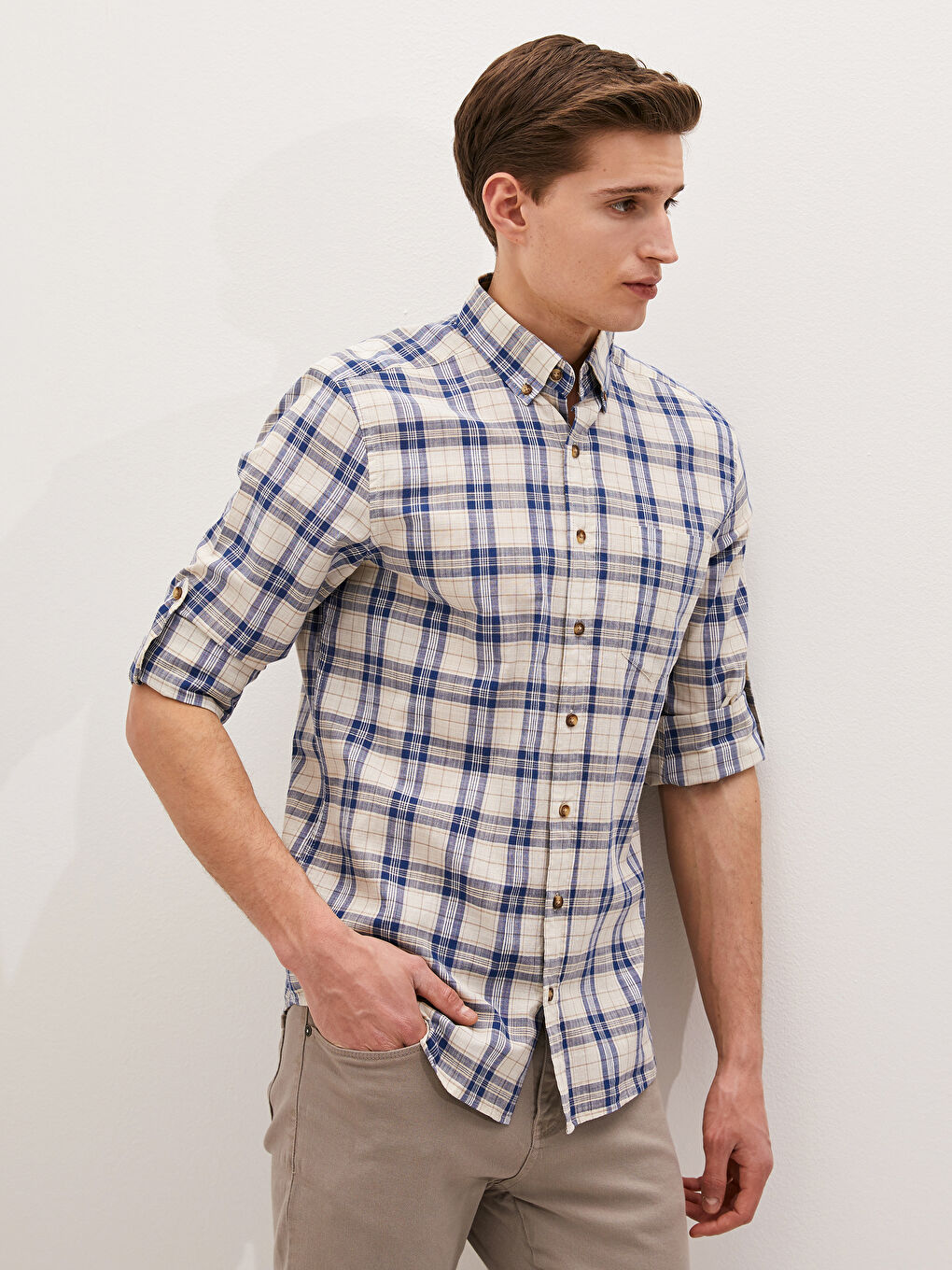 Regular Fit Long Sleeve Plaid Poplin Men's Shirt-1