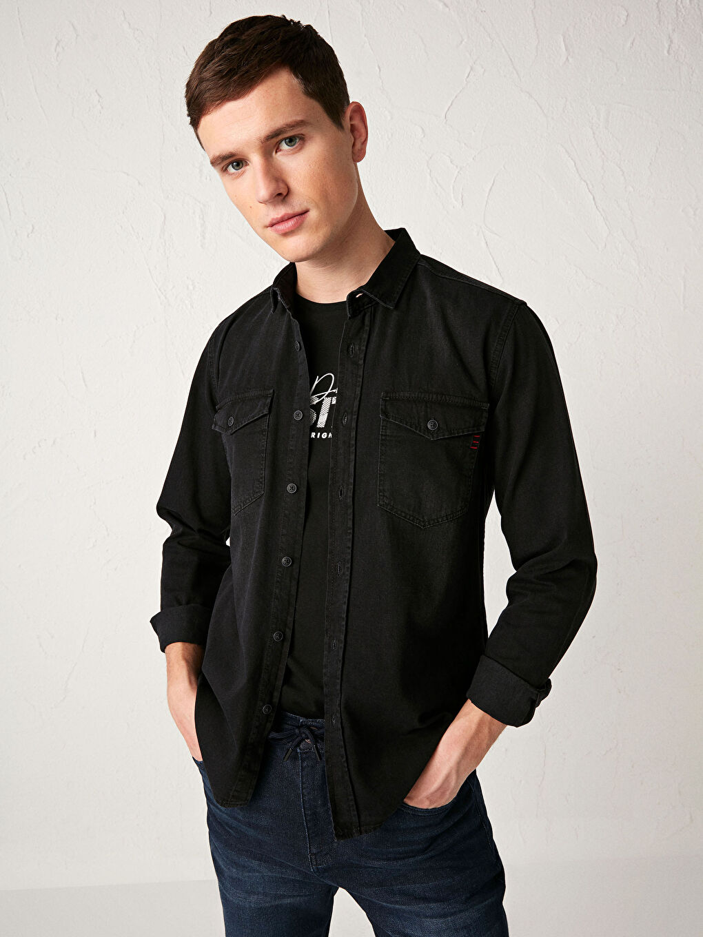 Siyah Slim Fit Erkek Jean Gömlek-2
