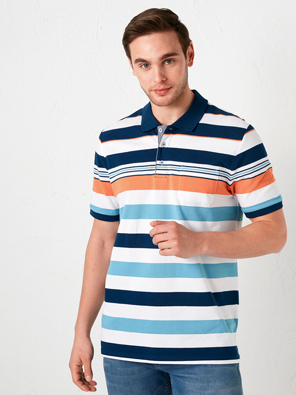 Mavi Polo Yaka Kısa Kollu Pike Erkek Tişört-1