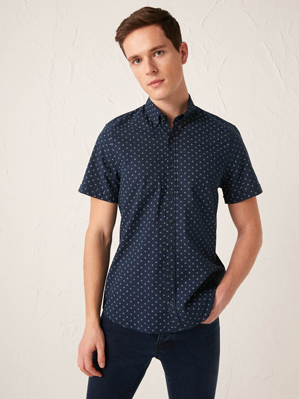 Lacivert Slim Fit Kısa Kollu Poplin Erkek Gömlek-1