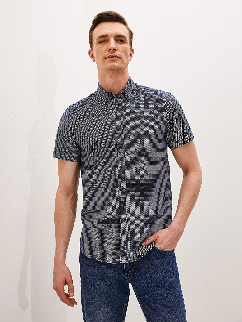 Lacivert Slim Fit Kısa Kollu Oxford Erkek Gömlek-1