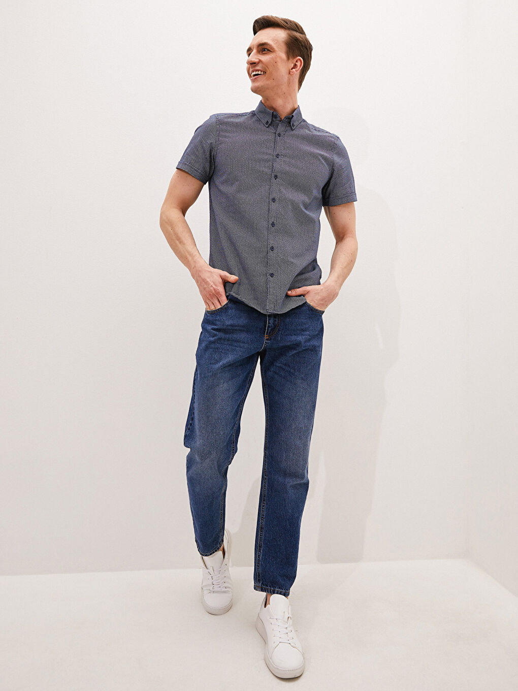 Lacivert Slim Fit Kısa Kollu Oxford Erkek Gömlek-3