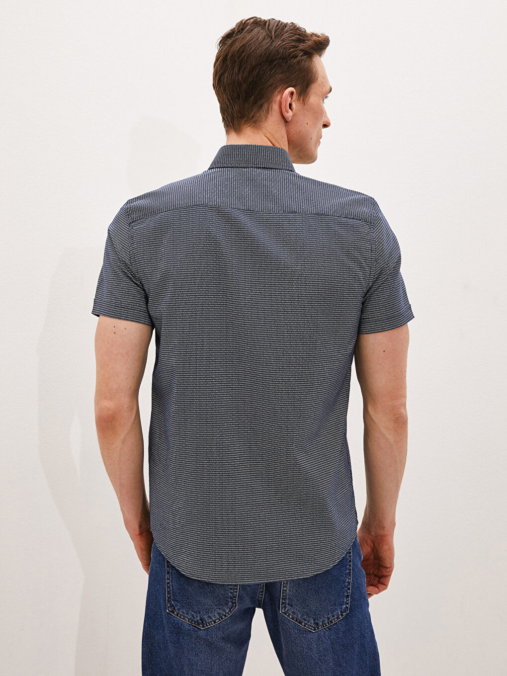 Lacivert Slim Fit Kısa Kollu Oxford Erkek Gömlek-4