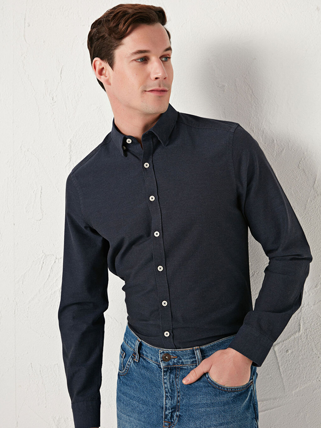 Lacivert Slim Fit Uzun Kollu Erkek Gömlek