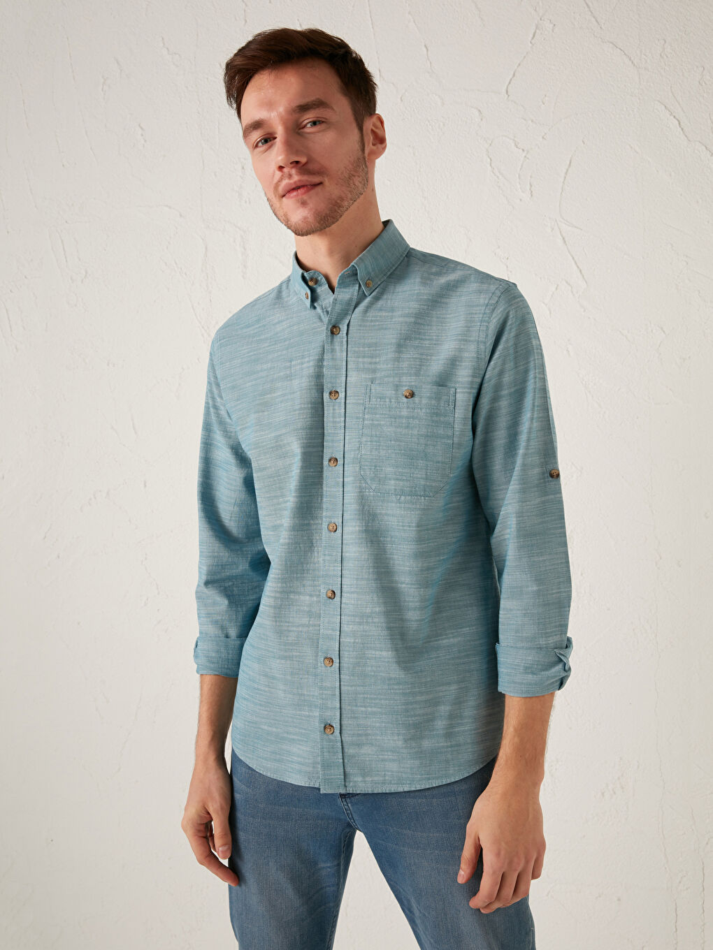 Regular Fit Long Sleeve Patterned Poplin Men's Shirt