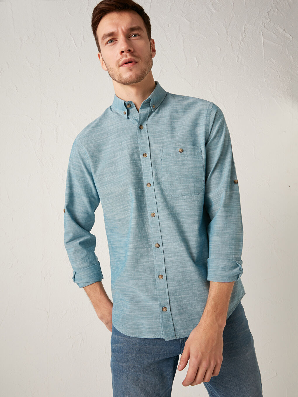 Regular Fit Long Sleeve Patterned Poplin Men's Shirt-1