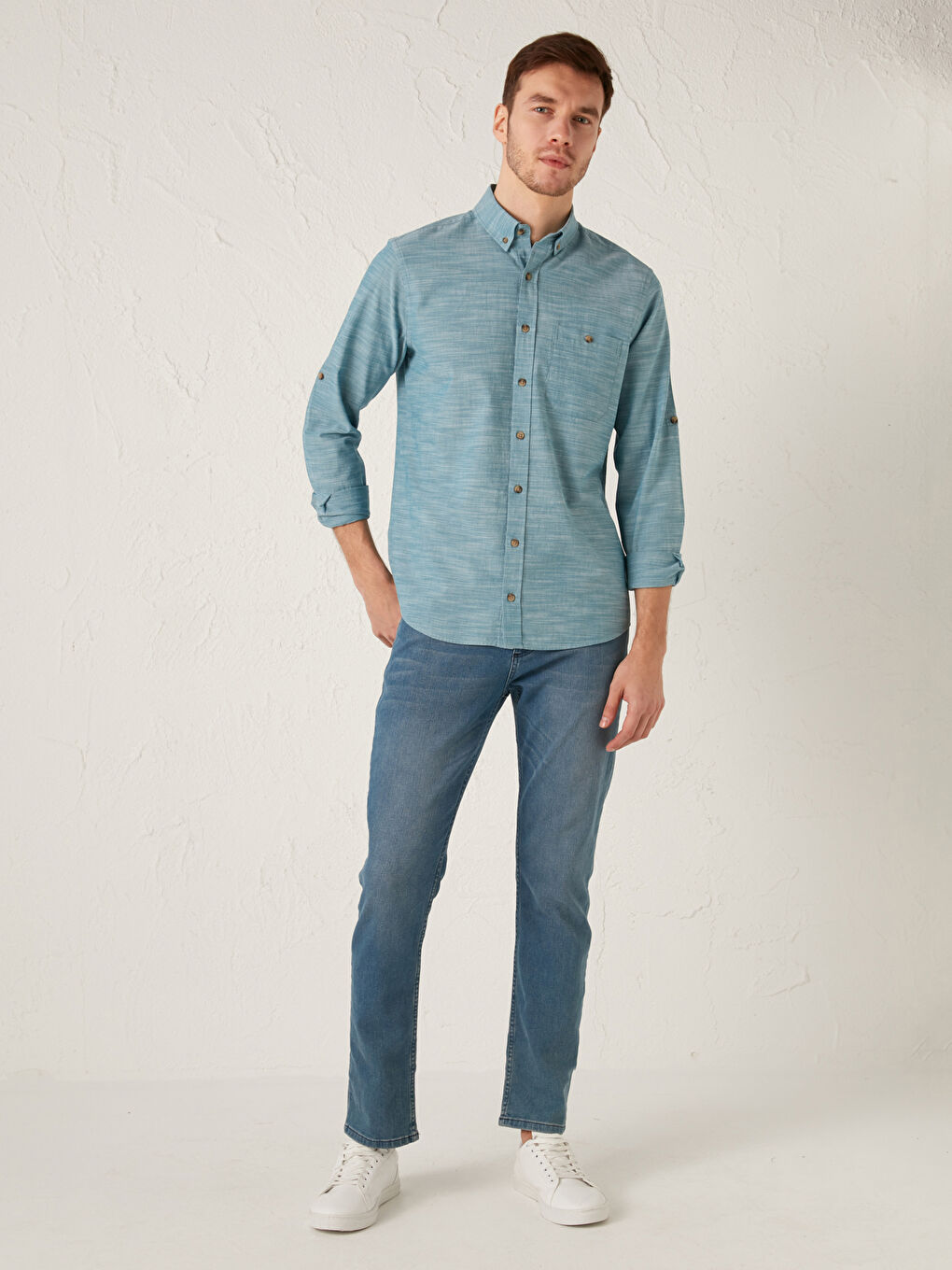 Regular Fit Long Sleeve Patterned Poplin Men's Shirt-2