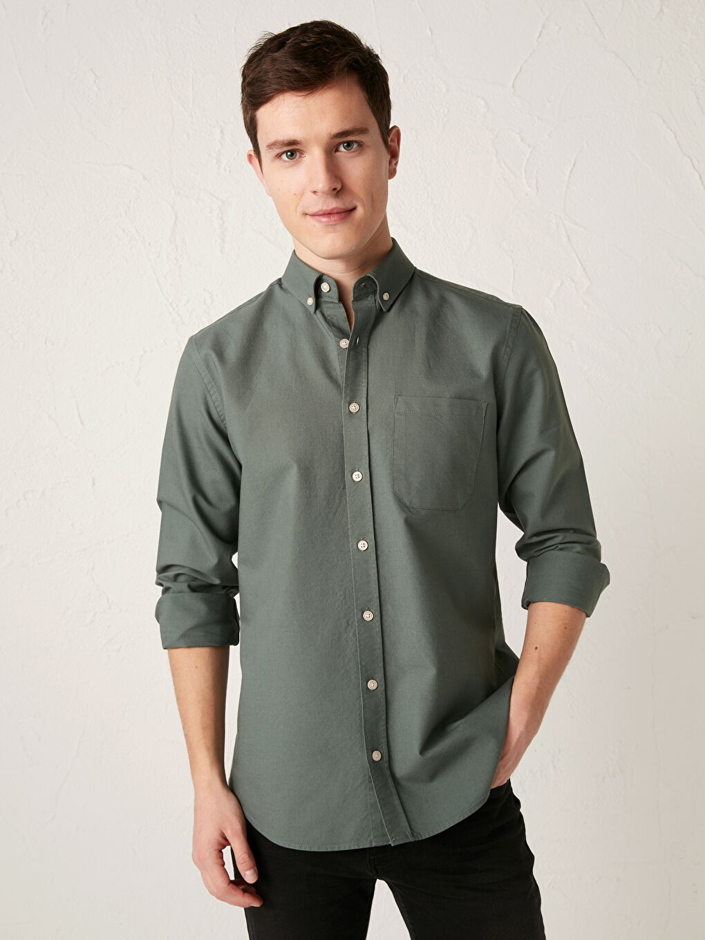 Yeşil Regular Fit Uzun Kollu Oxford Erkek Gömlek-1