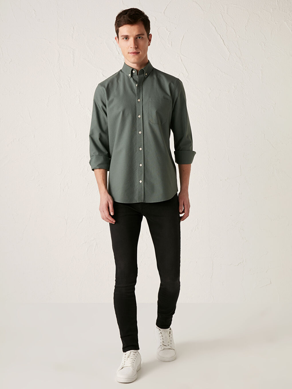 Yeşil Regular Fit Uzun Kollu Oxford Erkek Gömlek-2