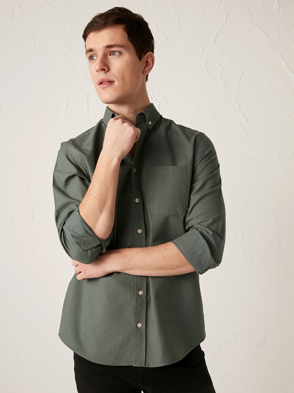 Yeşil Regular Fit Uzun Kollu Oxford Erkek Gömlek-3