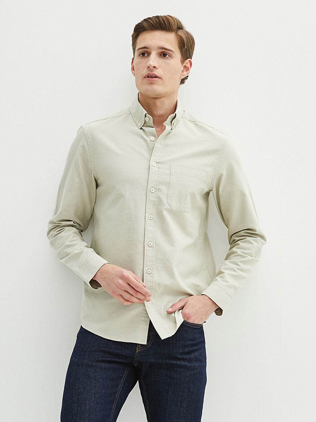 Yeşil Regular Fit Uzun Kollu Oxford Erkek Gömlek-1