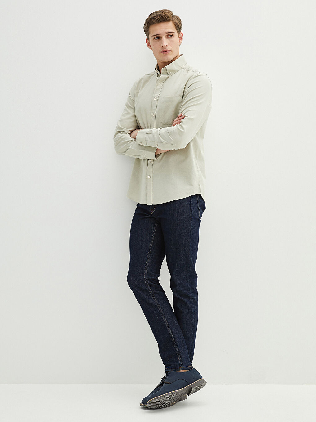 Yeşil Regular Fit Uzun Kollu Oxford Erkek Gömlek-2