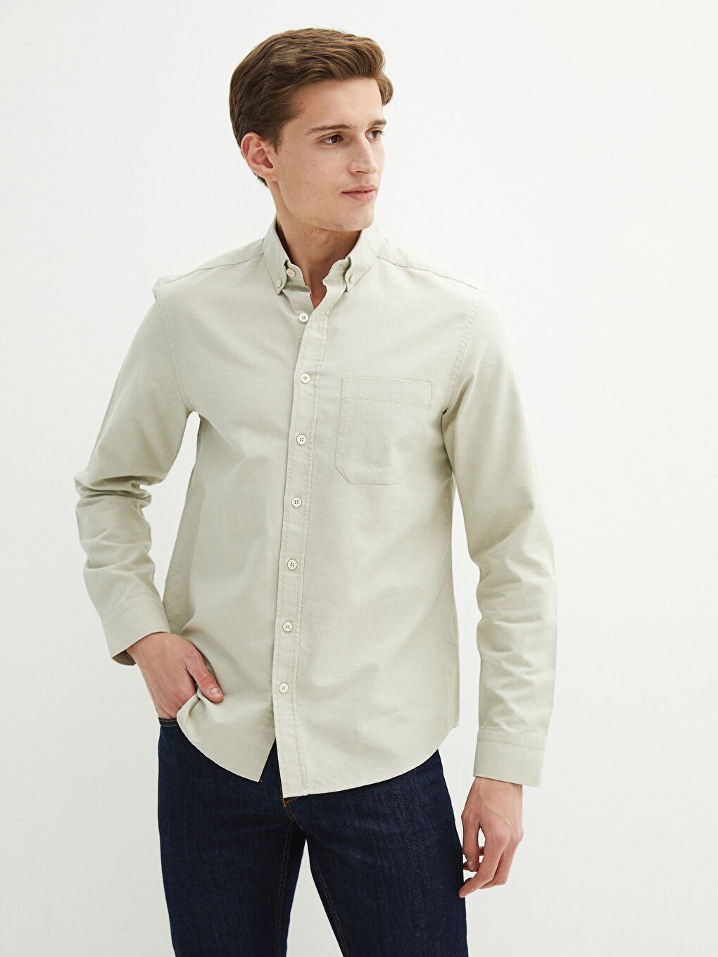 Yeşil Regular Fit Uzun Kollu Oxford Erkek Gömlek-4