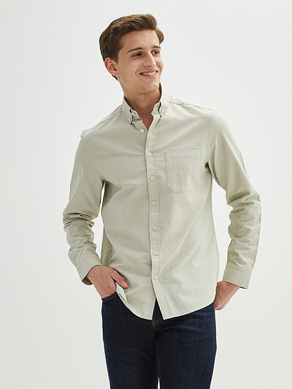 Yeşil Regular Fit Uzun Kollu Oxford Erkek Gömlek