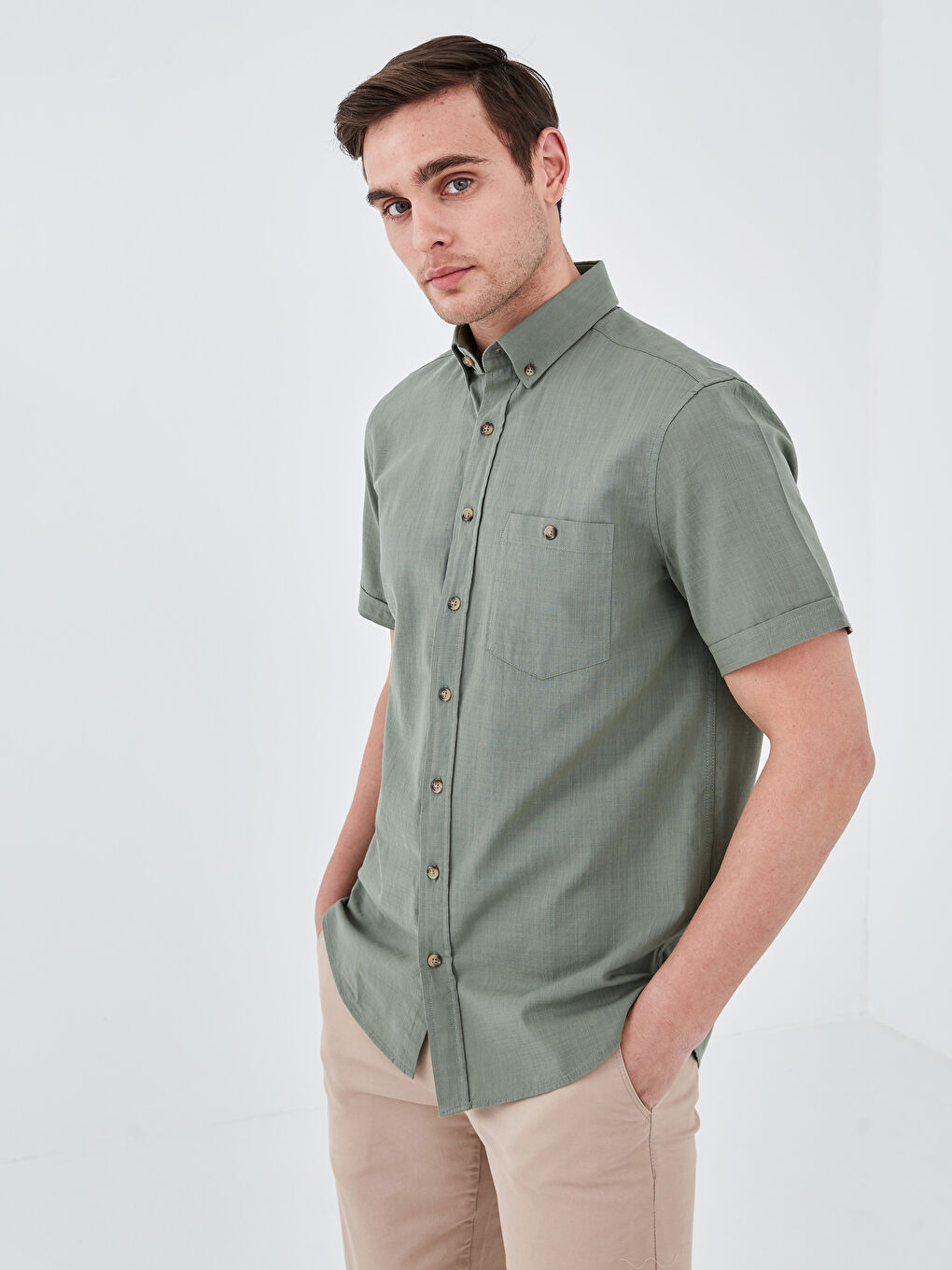 Yeşil Regular Fit Kısa Kollu Poplin Erkek Gömlek