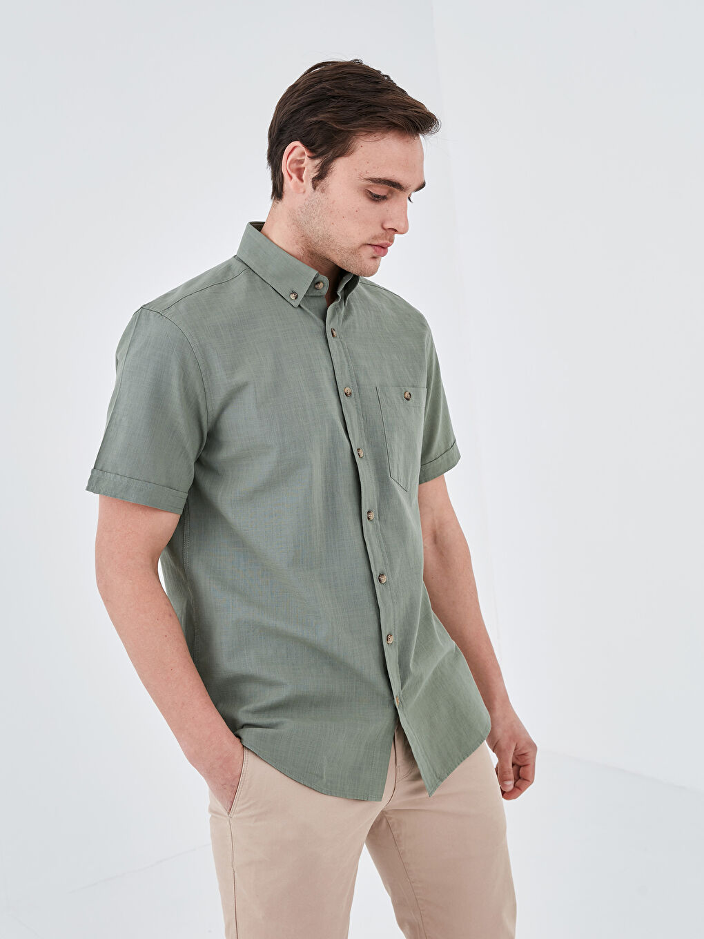 Yeşil Regular Fit Kısa Kollu Poplin Erkek Gömlek-1