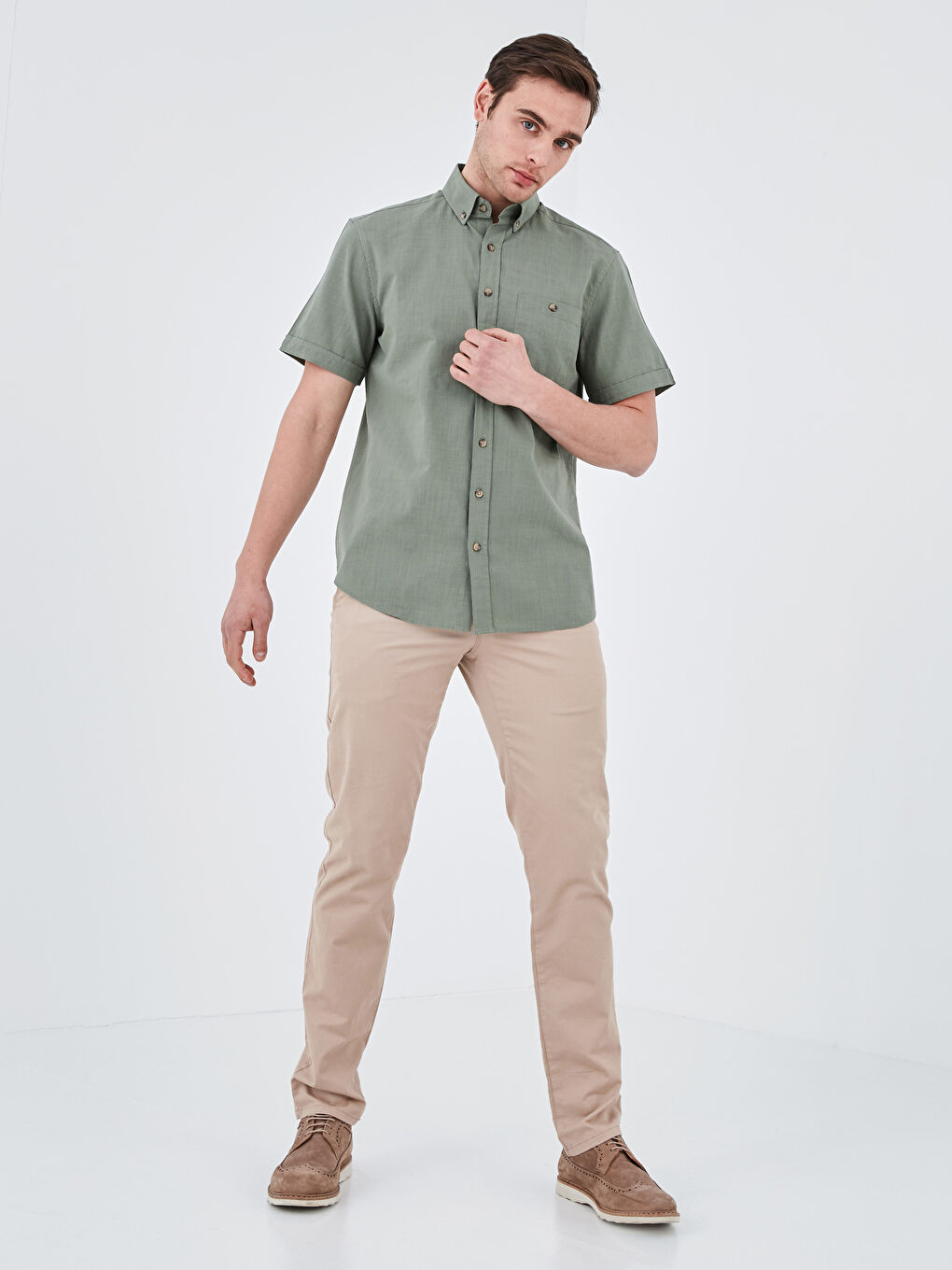 Yeşil Regular Fit Kısa Kollu Poplin Erkek Gömlek-3