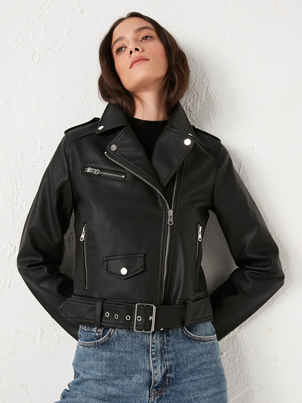 LC Waikiki Women's Biker Neck Plain Faux Leather Jacket -S11964Z8-CVL