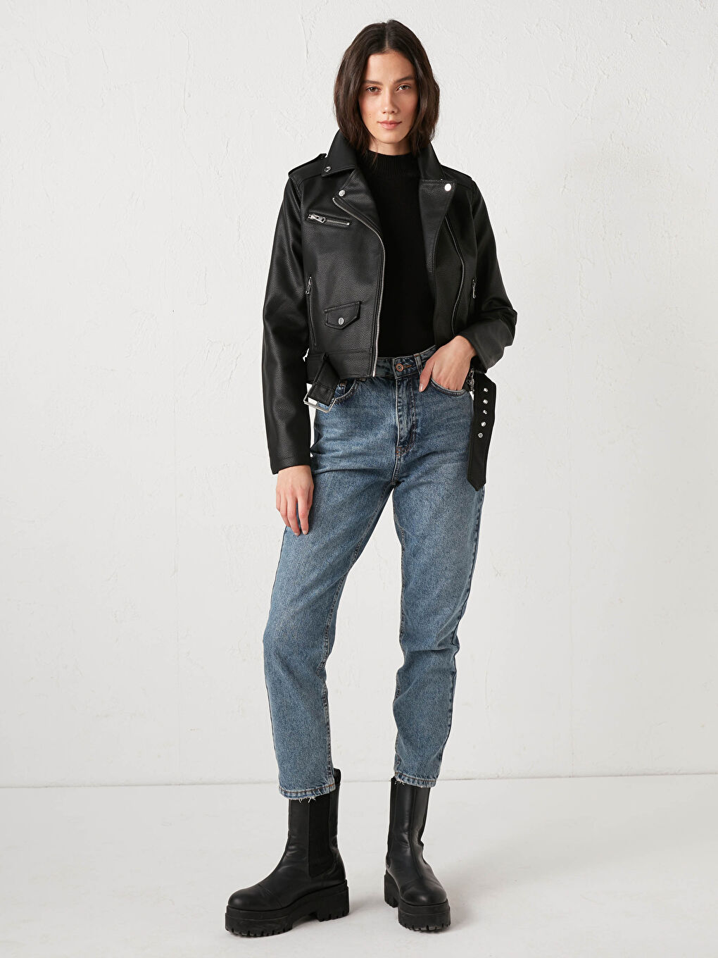 LC Waikiki Women's Biker Neck Plain Faux Leather Jacket -S11964Z8-CVL