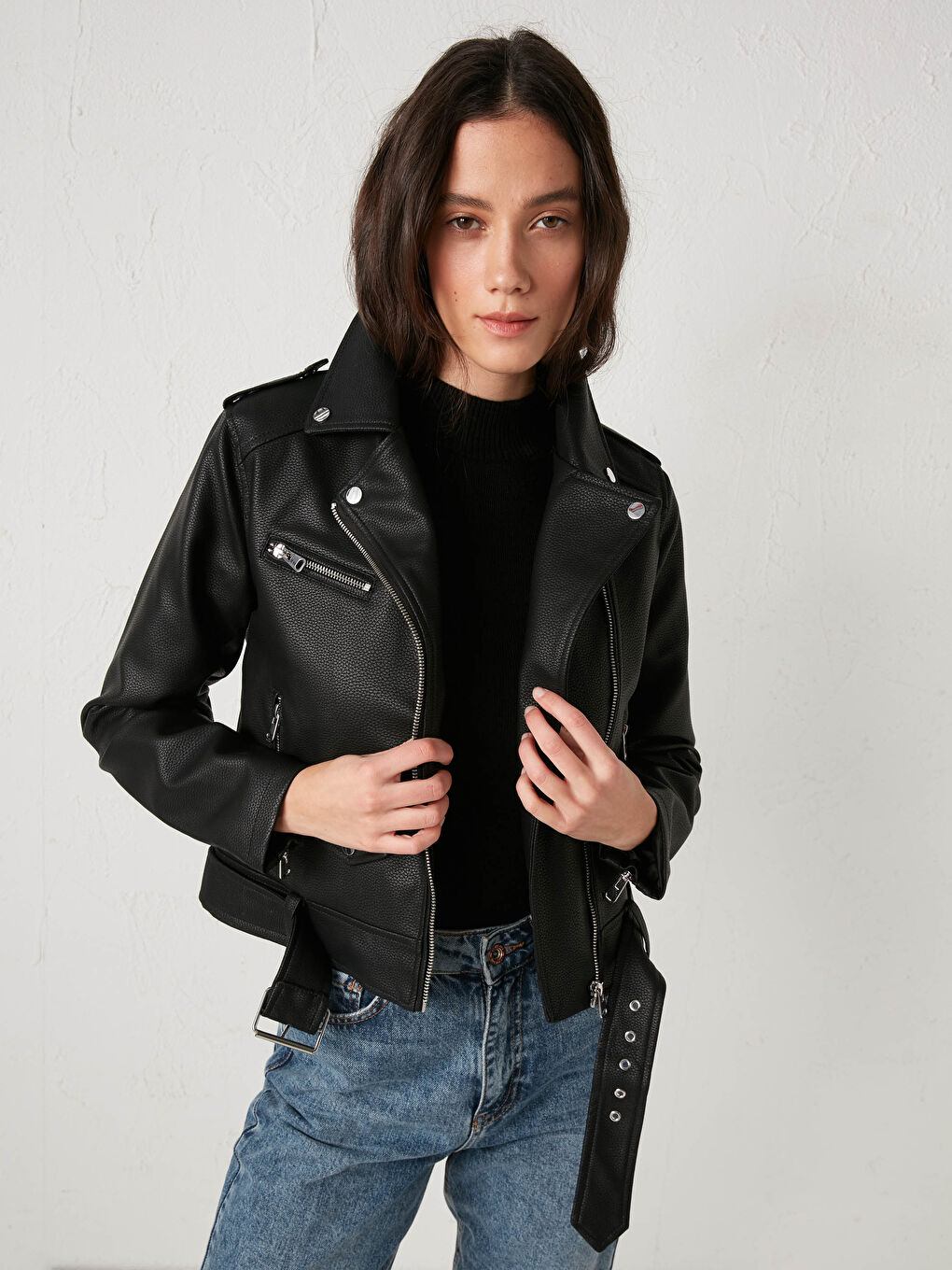 LC Waikiki Women's Biker Neck Plain Faux Leather Jacket -S11964Z8-CVL