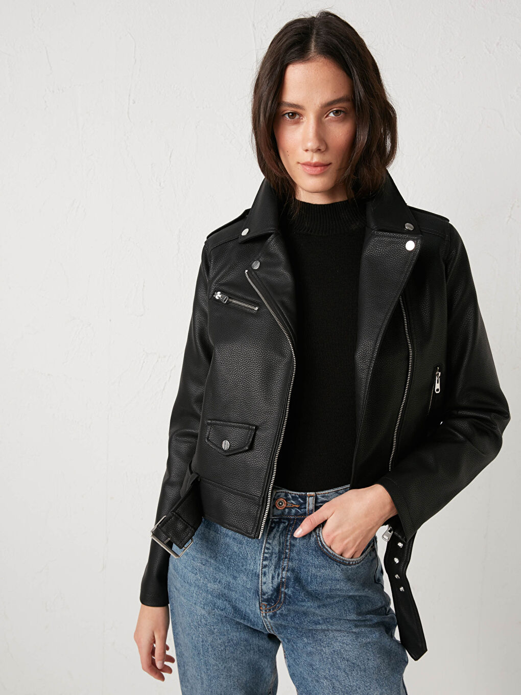 LC Waikiki Women's Biker Neck Plain Faux Leather Jacket -S11964Z8-CVL