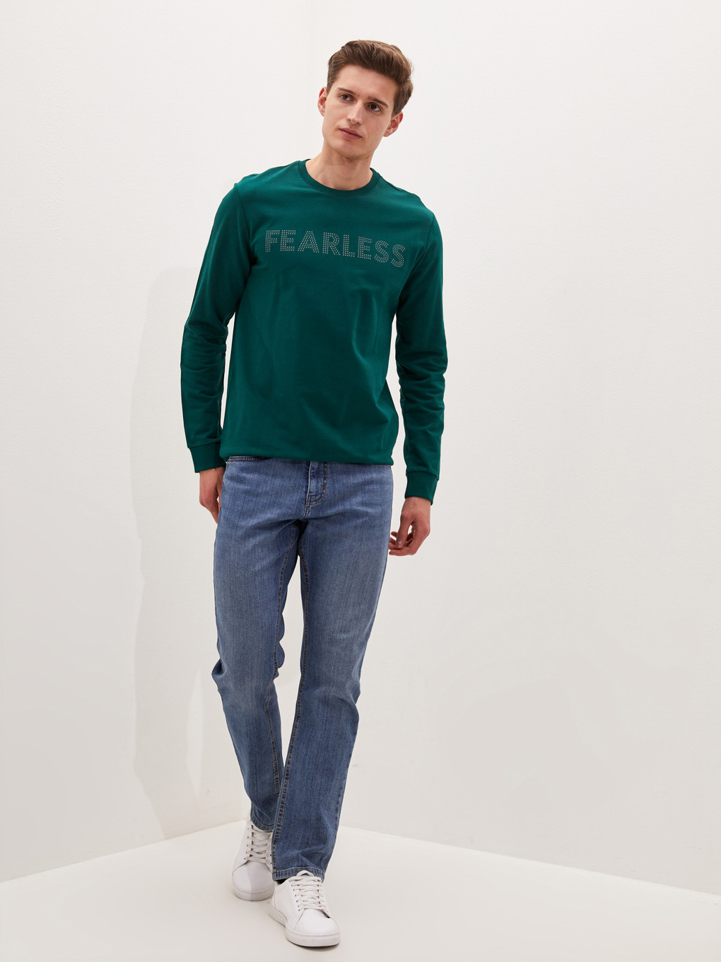 Yeşil Bisiklet Yaka Uzun Kollu Baskılı Erkek Sweatshirt-1