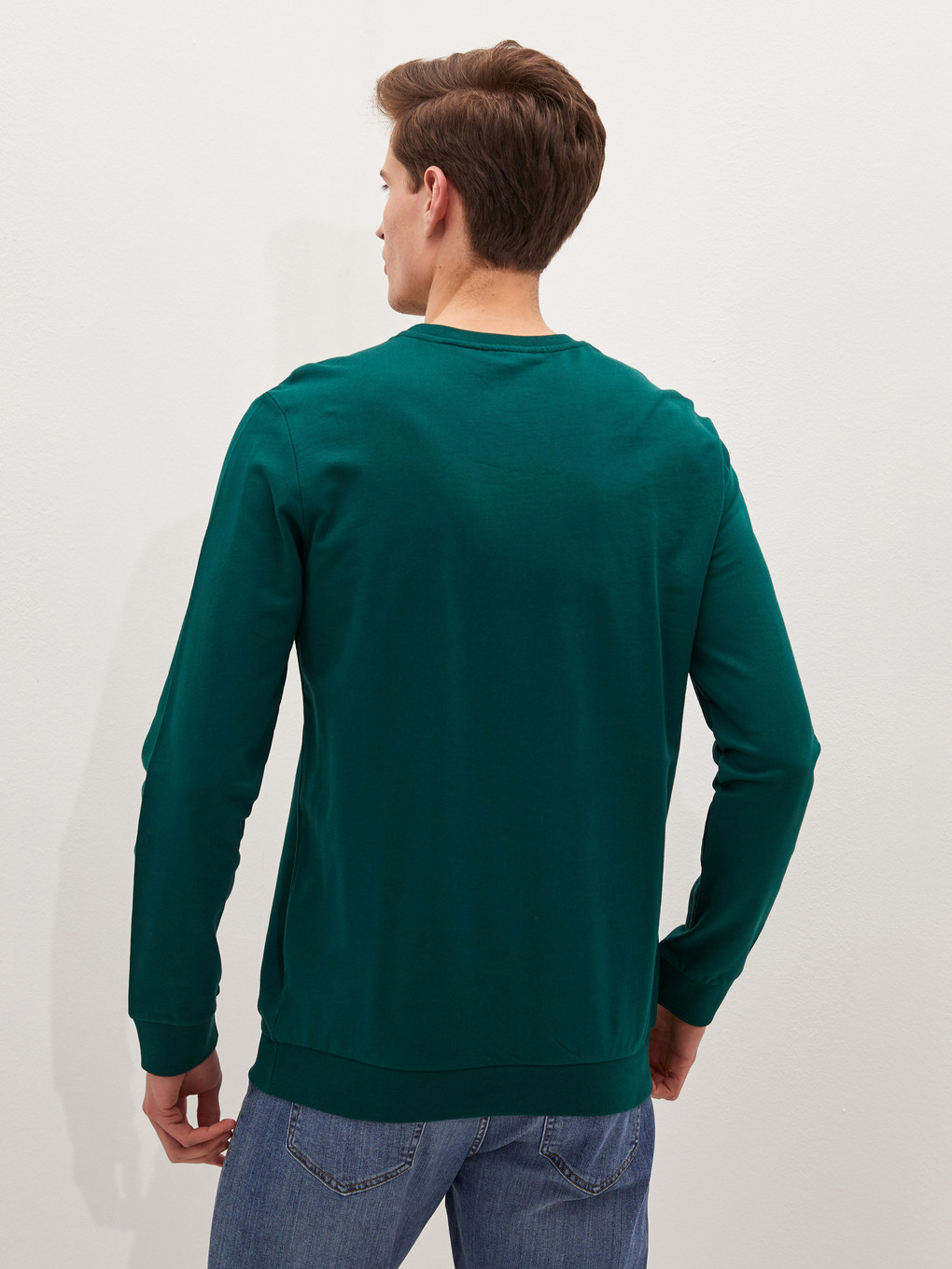 Yeşil Bisiklet Yaka Uzun Kollu Baskılı Erkek Sweatshirt-3
