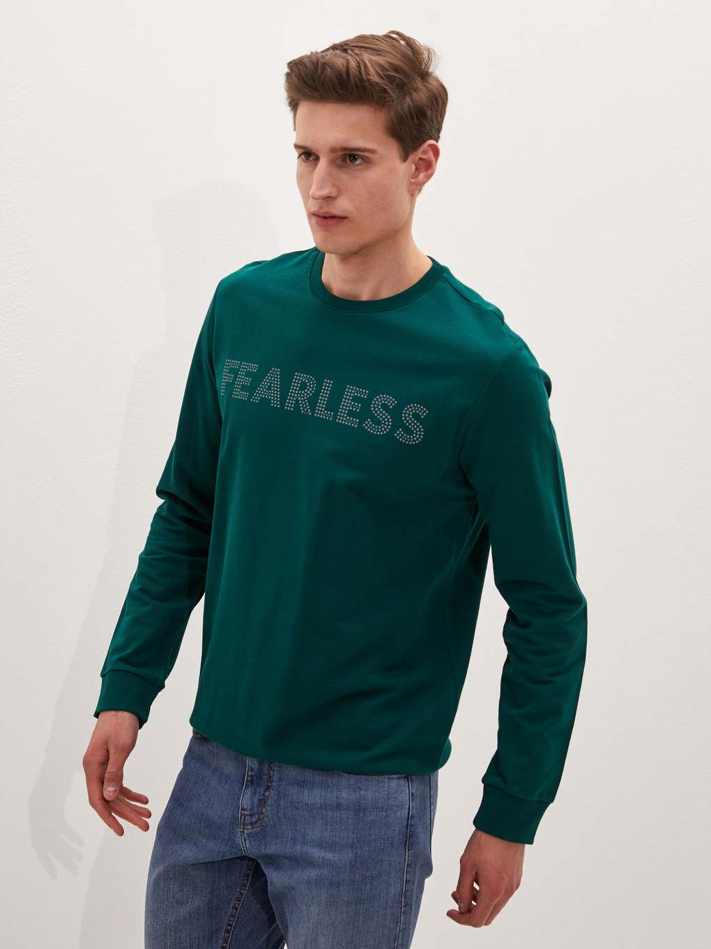 Yeşil Bisiklet Yaka Uzun Kollu Baskılı Erkek Sweatshirt-4