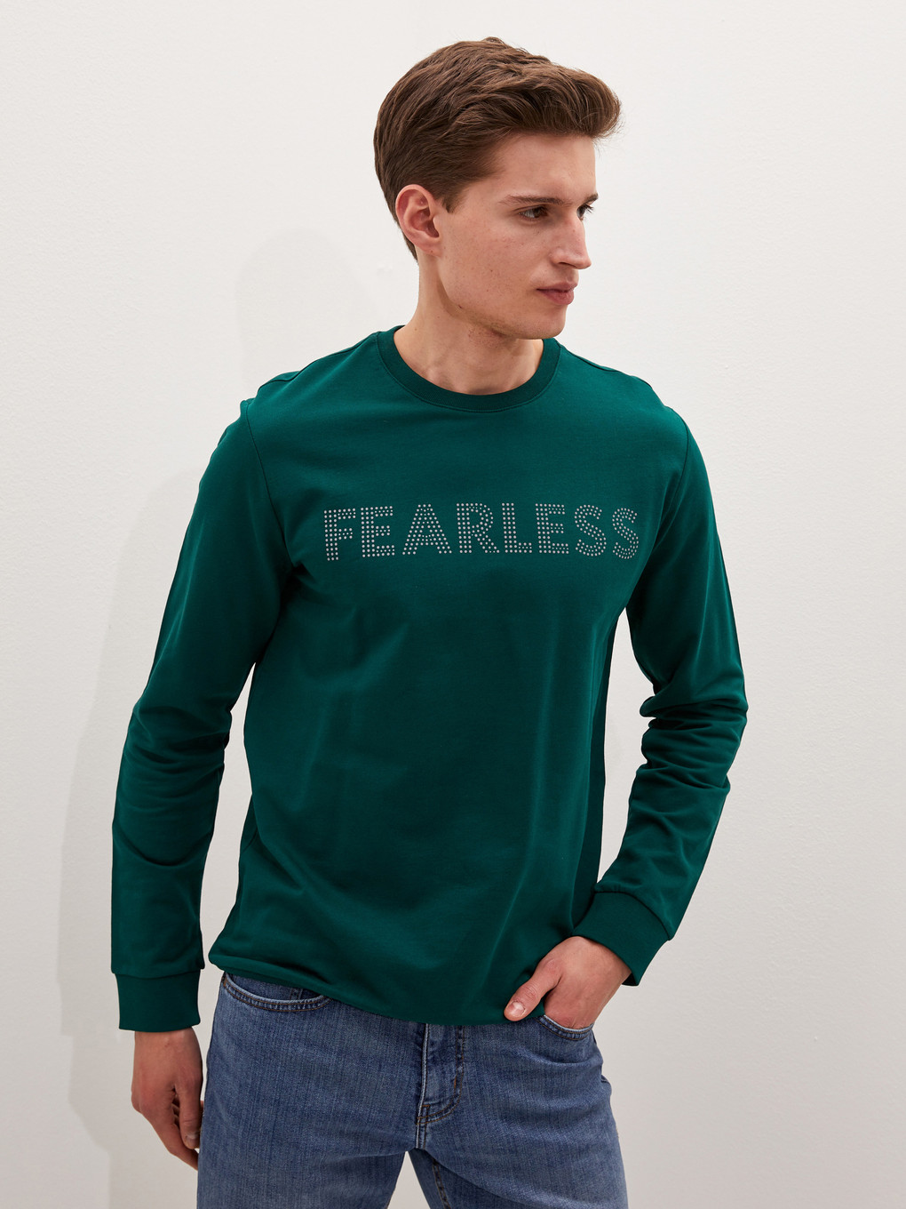 Yeşil Bisiklet Yaka Uzun Kollu Baskılı Erkek Sweatshirt