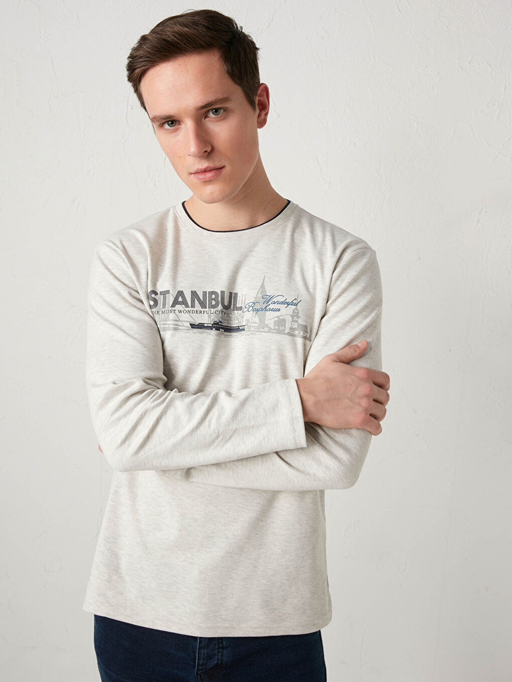 Bej Bisiklet Yaka Uzun Kollu Baskılı Erkek Tişört-1