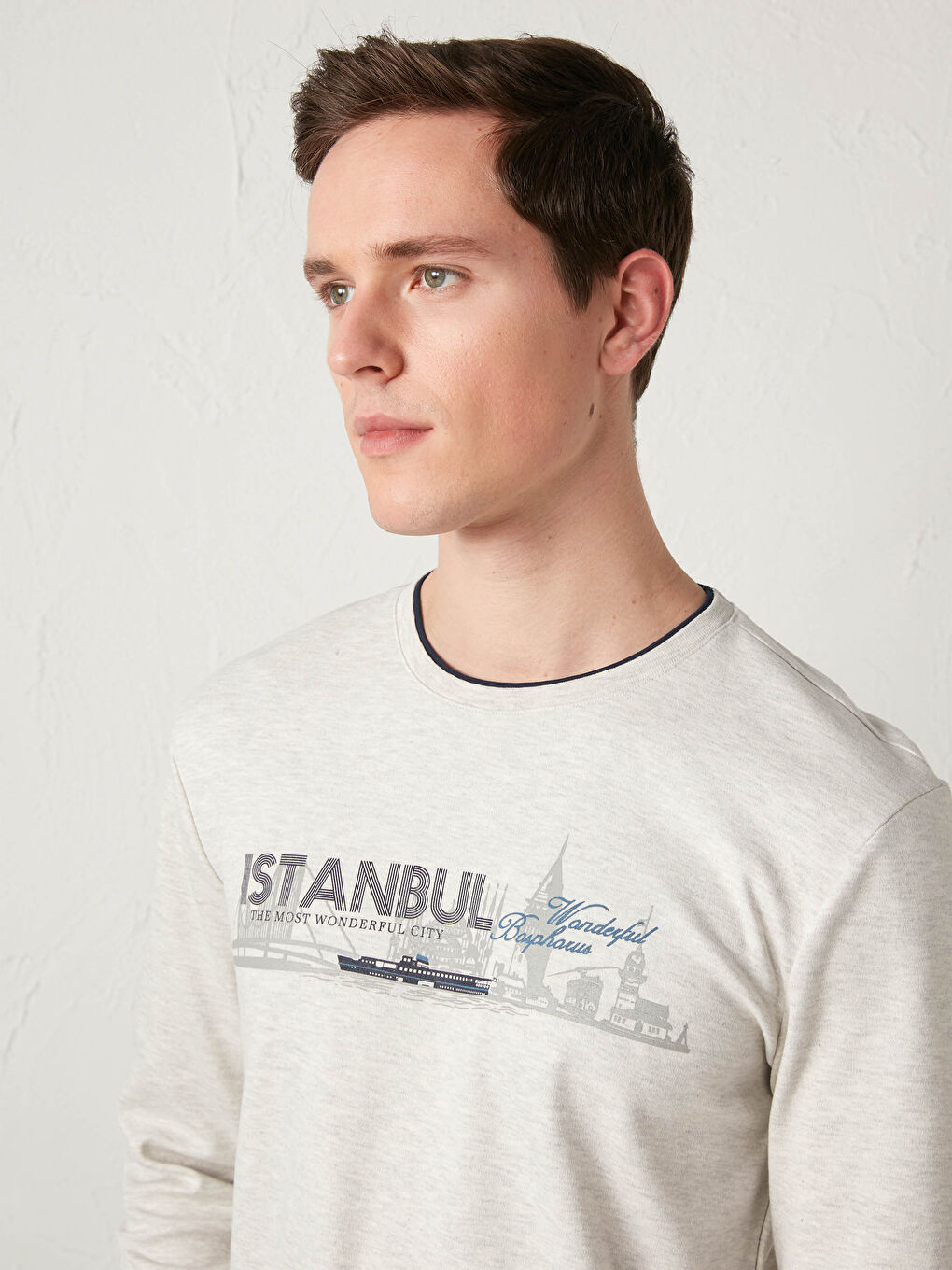 Bej Bisiklet Yaka Uzun Kollu Baskılı Erkek Tişört-2