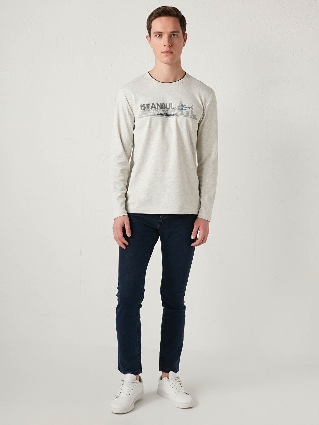 Bej Bisiklet Yaka Uzun Kollu Baskılı Erkek Tişört-3