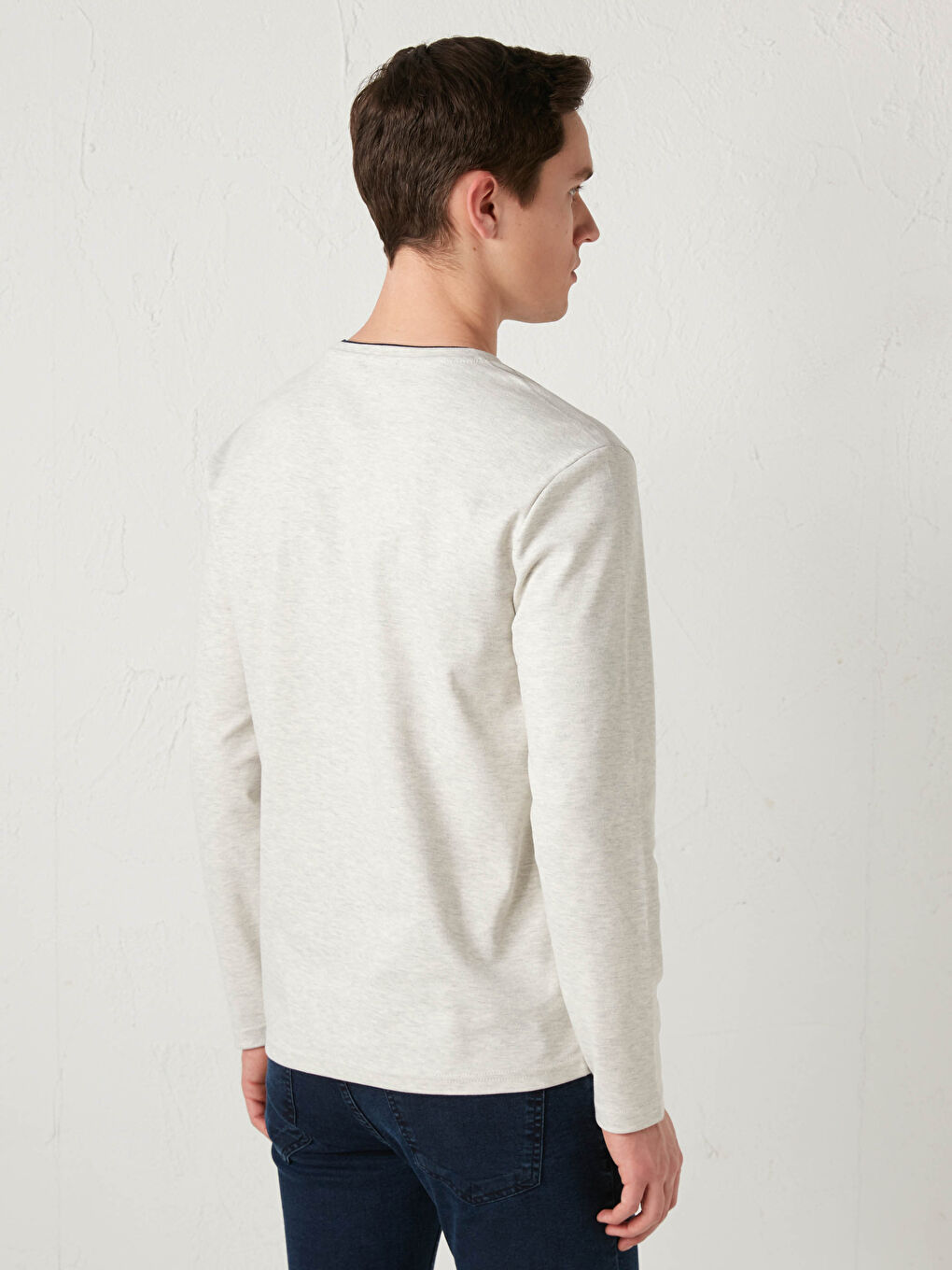 Bej Bisiklet Yaka Uzun Kollu Baskılı Erkek Tişört-4